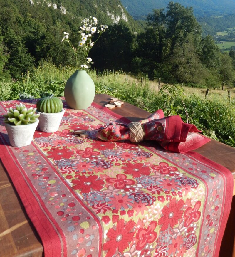 Green and red Flower Jewels table runner